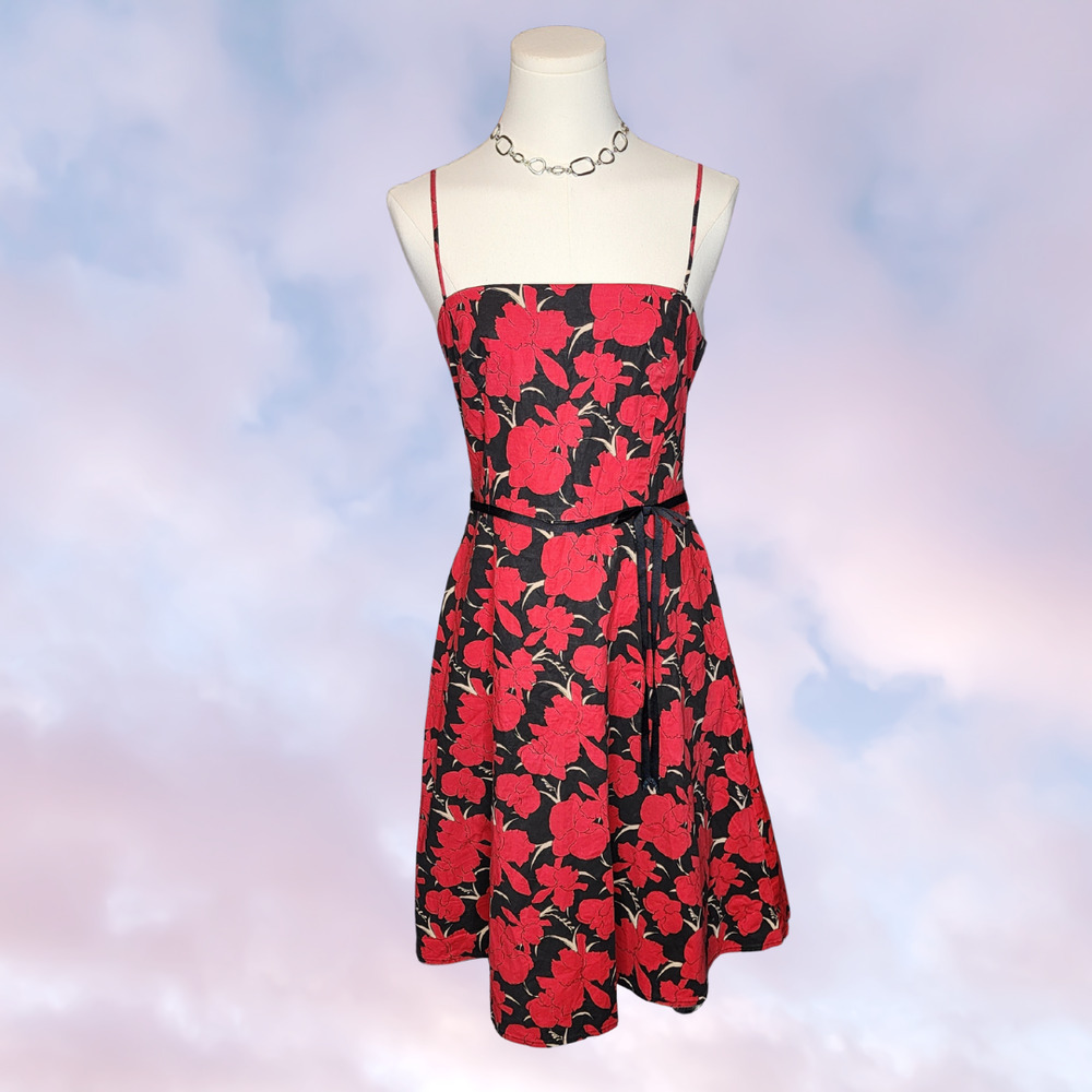 Vtg 80s 90s City Triangles Red Black Floral Flower Gothic Sweetheart Dress Sz S - Picture 1 of 7